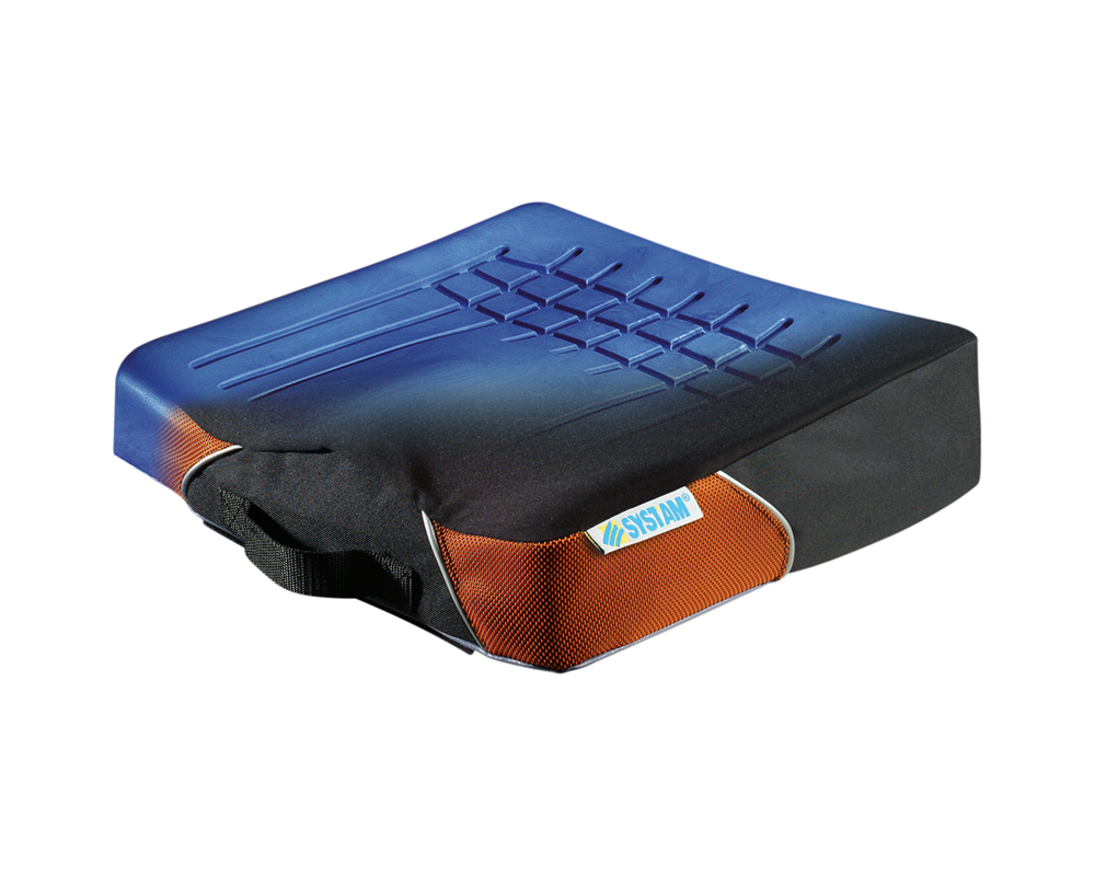 Coussin VISCOFLEX P361C de SYST’AM avec mousse bleue et housse noire et orange partiellement visible
