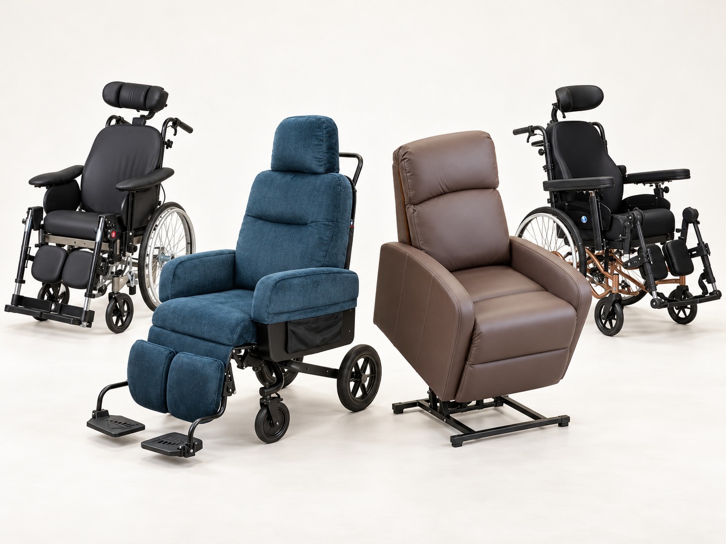 Quatre fauteuils : deux fauteuils roulants de maintien, un fauteuil à pousser et un fauteuil releveur